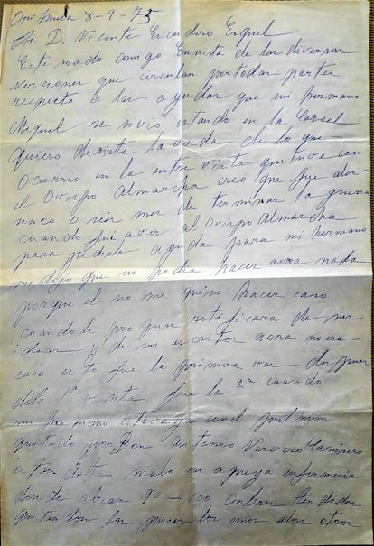 La carta de Vicente Hernández a Vicente Escudero, cedida por la familia de Fernando Escudero.