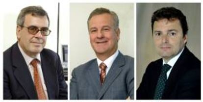 Fotografías cedidas por Abertis de Carlos del Río (i), Luis Miguel de Pablo (c) y David Díaz, altos cargos del grupo gestor de infraestructuras, que han sido nombrados, respectivamente, director general de Concesiones Resto del Mundo (ROW), gerente general de autopistas Chile y consejero delegado de su filial en Brasil, Arteris, con motivo de la remodelación de la estructura de gestión de sus concesiones en Latinoamérica que la empresa está llevando a cabo.