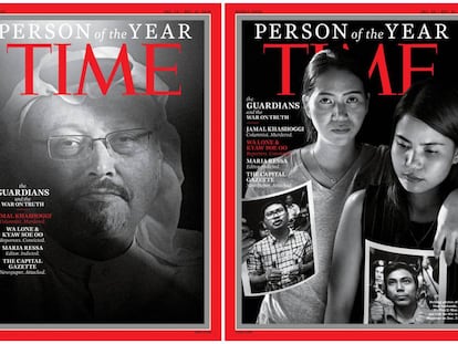 Las portadas de la revista TIME protagonizadas por el periodista saudí Jamal Khashoggi y Ma Pan Ei Mon junto a Chit Su Win, quienes sostienen imagenes de sus esposos detenidos, los reporteros de Reuters Wa Lone y Kyaw Soe Oo.
