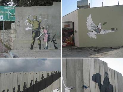 Niña <i>cacheando</i> a soldado israelí (arriba, izquierda) en el campo de refugiados de Dheisheh, y paloma con chaleco antibalas sobre un muro perforado por proyectiles (arriba, derecha), ambos de Banksy. Escalera mecánica (abajo, izquierda) y camello (derecha), por el español Sam3.