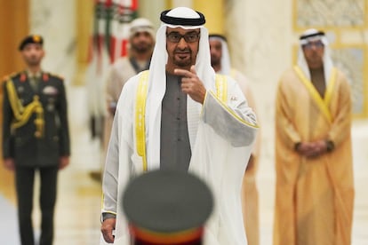 Emirati leader Sheikh Mohammed bin Zayed Al Nahyan gestures toward an honor guard at Qasar Al Watan in Abu Dhabi, United Arab Emirates, on Jan. 15, 2023