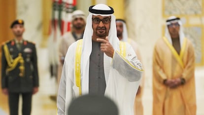 Emirati leader Sheikh Mohammed bin Zayed Al Nahyan gestures toward an honor guard at Qasar Al Watan in Abu Dhabi, UAE, on January 15, 2023.