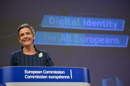 Margrethe Vestager, vicepresidenta de la Comisión, en la rueda de prensa el jueves 3 de junio.