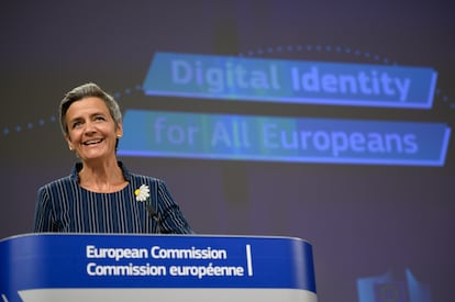 Margrethe Vestager, vicepresidenta de la Comisión, en la rueda de prensa el jueves 3 de junio.