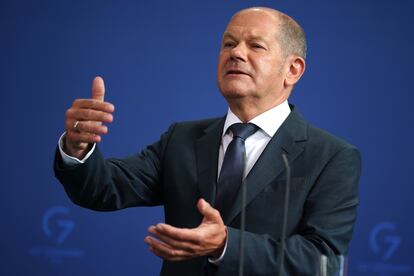 El canciller alemán, Olaf Scholz, este viernes en Berlín.