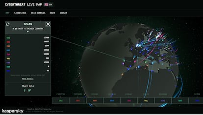 Imagen del sistema de Kaspersky para la monitorización de amenazas en tiempo real tomada el pasado 2 de septiembre en un instante en el que España figura entre los países más amenazados.