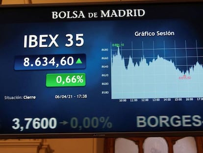 Pantalla en el parqué de la Bolsa de Madrid.