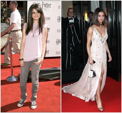 Selena Gomez era tan solo una niña cuando empezó a pisar las alfombras rojas. En la imagen, la cantante y actriz en el estreno de 'Harry Potter y la Orden del Fénix' en 2007 y, a la derecha, el pasado mayo en la gala del Met.