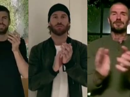 Piqué, Ramos y Beckham aplauden en homenaje a los sanitarios.