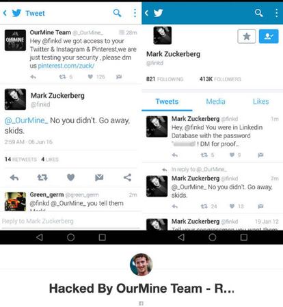 Captura de pantalla de los mensajes de los hackers OurMine y la respuesta de Mark Zuckerberg. Abajo, el nombre que le han puesto a la cuenta de Pinterest del fundador de Facebook.