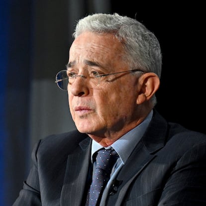 LEXINGTON, KENTUCKY - APRIL 08: Álvaro Uribe Vélez, Former President, The Republic of Colombia, speaks onstage during the 2022 Concordia Lexington Summit - Day 2 at Lexington Marriott City Center on April 08, 2022 in Lexington, Kentucky. (Photo by Jon Cherry/Getty Images for Concordia )