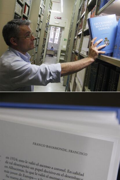 Above: A Royal Academy of History worker shows copies of the Dictionary of Spanish Biography stored at the institution. Below: The book's entry on Francisco Franco, written by Luis Suárez.