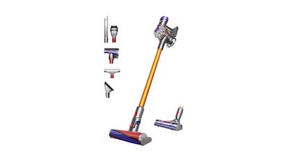 Ofertas primavera aspiradora escoba sobre fondo blanco.