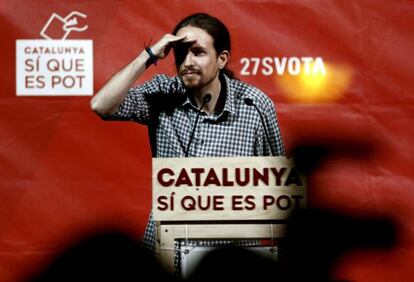 El secretario general de Podemos, Pablo Iglesias, este lunes en un acto de campa&ntilde;a.