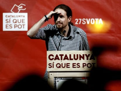 El secretario general de Podemos, Pablo Iglesias, este lunes en un acto de campa&ntilde;a.