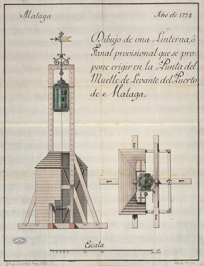 Dibujo de la grúa que ejercía de faro provisional de Málaga a principios del siglo XVIII. Archivo General de Simancas.