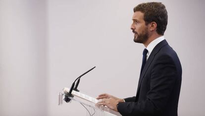 Pablo Casado, ayer, tras la sentencia del 'procés'.