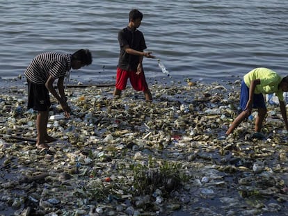 Niños buscan entre la basura en el agua en Indonesia. 