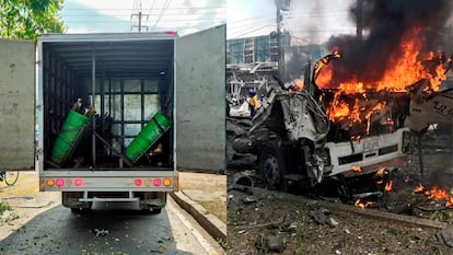 A la izquierda, el camión que no detonó cargado con cilindros. Y, al lado, el vehículo que explotó en el atentado.