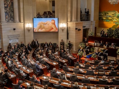 Ceremonia de entrega del cuerpo de Fernando Botero, para su velación en cámara ardiente en el Congreso de la República de Colombia, en Bogotá, Colombia, el 22 de septiembre de 2023.