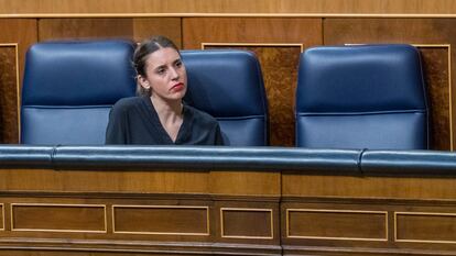 La ministra de Igualdad, Irene Montero, este martes antes del debate sobre la reforma del solo sí es sí en el Congreso.