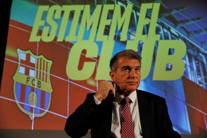 El precandidato a la presidencia del FC Barcelona Joan Laporta, durante el acto celebrado este jueves para presentar su programa respecto a la Fundación del club.