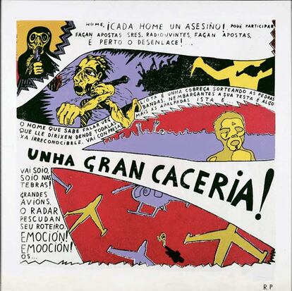 Serigrafía perteneciente a la serie "El hombre que hablaba vegliota", de Reimundo Patiño, en la que el artista gallego narra la conspiración para destruir al último hombre que hablaba gallego.