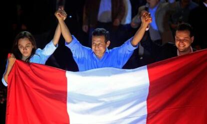 Ollanta Humala and his vice presidents, Omar Chehade and Marisol Espinoza, celebrating their electoral victory earlier this year.