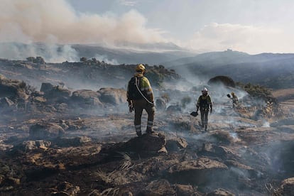 Un bombero trabaja en el lugar del incendio, entre Navalacruz y Riofrio, cerca de Ávila, el 15 de agosto.