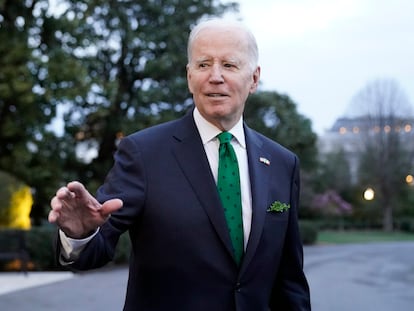 President Joe Biden waves as he walks to Marine One upon departure from the South Lawn of the White House, on March 17, 2023, in Washington.