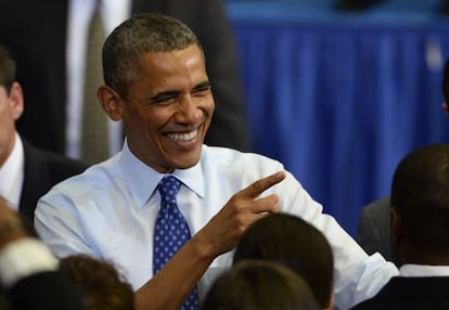 El presidente de Estados Unidos, Barack Obama, durante un acto de la campa&ntilde;a electoral del candidato dem&oacute;crata al Senado Ed Markey, en Boston (Massachusetts).
