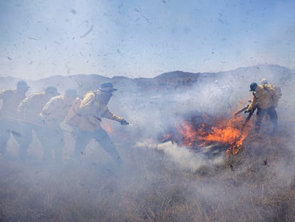 Bomberos durante un ejercicio para contener incendios forestales en Cavalcante, Estado de Goias, Brasil.