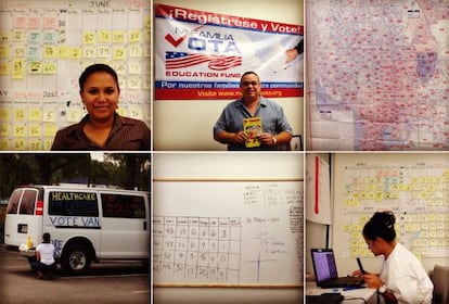Paloma Gómez (arriba, izda.), Wilfred Benítez y Laydis Cabezas forman parte del equipo de Mi Familia Vota que ha registrado a 11.500 votantes hispanos en Tampa, Florida.