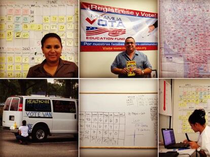 Paloma Gómez (arriba, izda.), Wilfred Benítez y Laydis Cabezas forman parte del equipo de Mi Familia Vota que ha registrado a 11.500 votantes hispanos en Tampa, Florida.