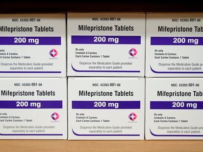 Boxes of the drug mifepristone sit on a shelf at the West Alabama Women's Center in Tuscaloosa, Alabama, March 16, 2022.