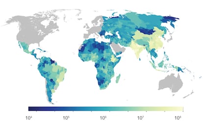 Número estimado de personas que no utilizan servicios de agua potable gestionados de forma segura. Reimpreso con autorización de Greenwood et al., Science 15 Aug 2024, Vol 385, Issue 6710, pp. 784-790. Fig. 2B.