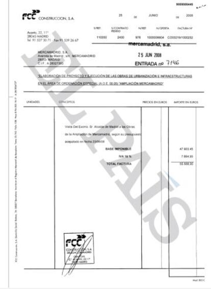 Factura emitida por FCC a Mercamadrid por el acto de visita de las obras que realizó el alcalde de Madrid en 2008.