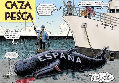 Una de las ilustraciones de Miguel Brieva incluidas en el libro, sobre la pesca amañada que se le organizaba al dictador. 