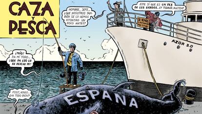 Una de las ilustraciones de Miguel Brieva incluidas en el libro, sobre la pesca amañada que se le organizaba al dictador. 