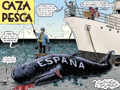 Una de las ilustraciones de Miguel Brieva incluidas en el libro, sobre la pesca amañada que se le organizaba al dictador. 
