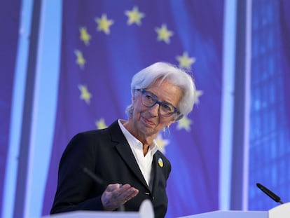 La presidenta del BCE, Christine Lagarde, durante una comparecencia en Fráncfort (Alemania), este jueves.