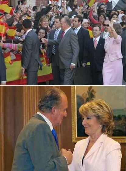 En la imagen superior,  los Reyes en Ceuta, el pasado día 5. Abajo, don Juan Carlos saluda a la presidenta de Madrid, Esperanza Aguirre.