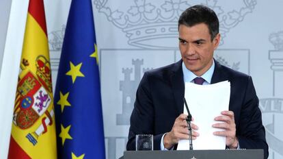 El presidente del Gobierno, Pedro Sanchez, durante una rueda de prensa en el Palacio de La Moncloa.