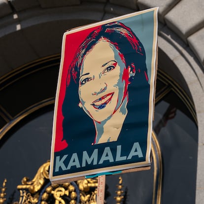 SAN FRANCISCO, CALIFORNIA - JULY 22: A supporter holds a sign as members of the San Francisco Democratic Party rally in support of Kamala Harris, following the announcement by US President Joe Biden that he is dropping out of the 2024 presidential race, on July 22, 2024 at City Hall in San Francisco, California. Biden has endorsed Harris to be the Democratic nominee. (Photo by Loren Elliott/Getty Images)