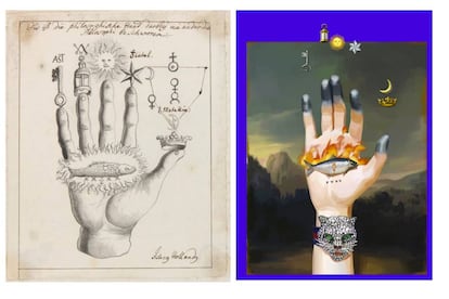 A la izquierda, 'The Hand of the Philosophers (Alchemy)' de Johann Isaac Hollandus.