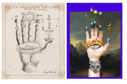 A la izquierda, 'The Hand of the Philosophers (Alchemy)' de Johann Isaac Hollandus.