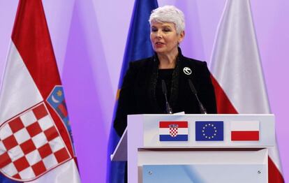 La primera ministra croata, Jadranka Kosor, hoy durante la ceremonia de adhesión en Bruselas.