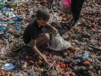 Un niño palestino busca comida en el basurero de Deir al-Balah, este lunes en Gaza.