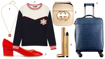 1. Dior Colgante 'Lucky Dior' 2. Maje Sudadera de neopreno 3. Gucci Perfume 'Guilty' 4. Chanel Maleta de piel exótica y metal 5. Gianvito Rossi Zapatos de tacón midi 6. Yves Saint Laurent Iluminador Touche Eclat.