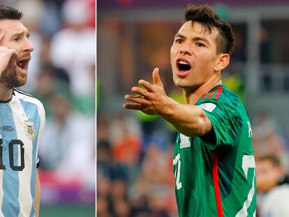 Los jugadores de las selecciones de Argentina y México, Lionel Messi e Hirving Lozano.